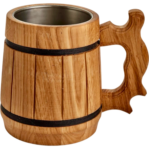 Obrázok z Dřevěný korbel, pohár 0,5 L ručně vyrobený s nerezovým vnitřkem světlý soudek