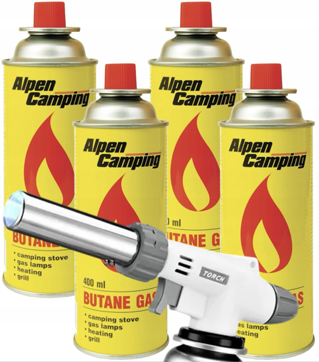 Obrázok z Plynový horák + plnenie Alpen Camping 4x400ml - spoľahlivý plameň na cesty, do dielne a záhrady